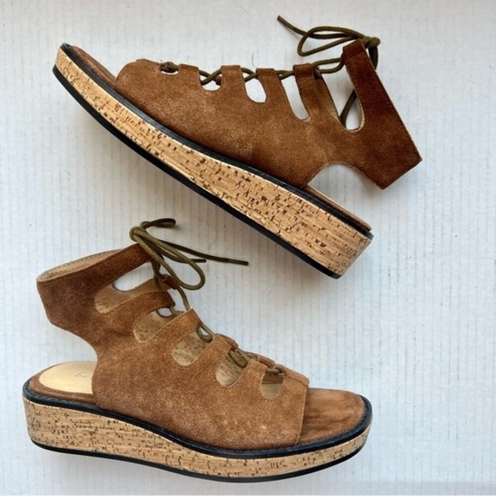 Bettye Bueller Brown Suede Gladiator Cork Heel Sandals Women 6 Casual Boho Laces